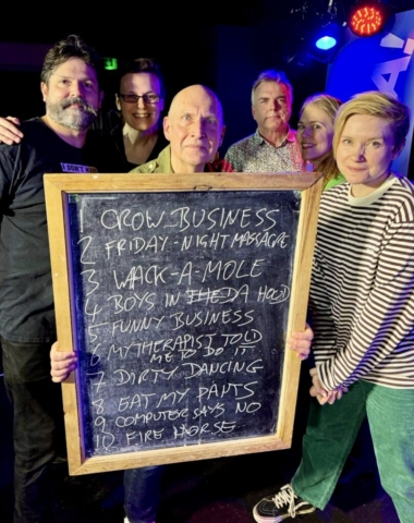 L-R) Dylan Emery, Anna Walbrook (lights,) Phil Whelans, Steve Edis (music,) Naomi Petersen, Sally Hodgkiss.